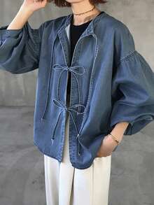 FRIFUL Women's Casual Everyday Front Tie Dropped Shoulder Loose Denim Blouse - Blue - View 3