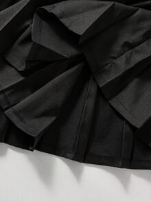 SHEIN Elladie kids 1件少女夏季新款拼接白色腰部半开领褶裥下摆设计圆领短袖简约百搭甜美度假通勤优雅连衣裙 - 黑色 - 查看 6