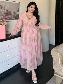 Dazy Plus Plus Size Women Chiffon Floral Print Patchwork Tie-Waist Maxi Dress, Elegant Resort Style For Spring/Summer Sundress Boho Vacation Outfits Women - Pink - View 6