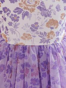 SHEIN Glamorique Kids Glamorique 青少女派對 & 花童婚禮禮服，短袖 V 背蝴蝶結花卉甜美優雅蓬蓬公主長裙 復活節 - 淡紫色 - 查看 5