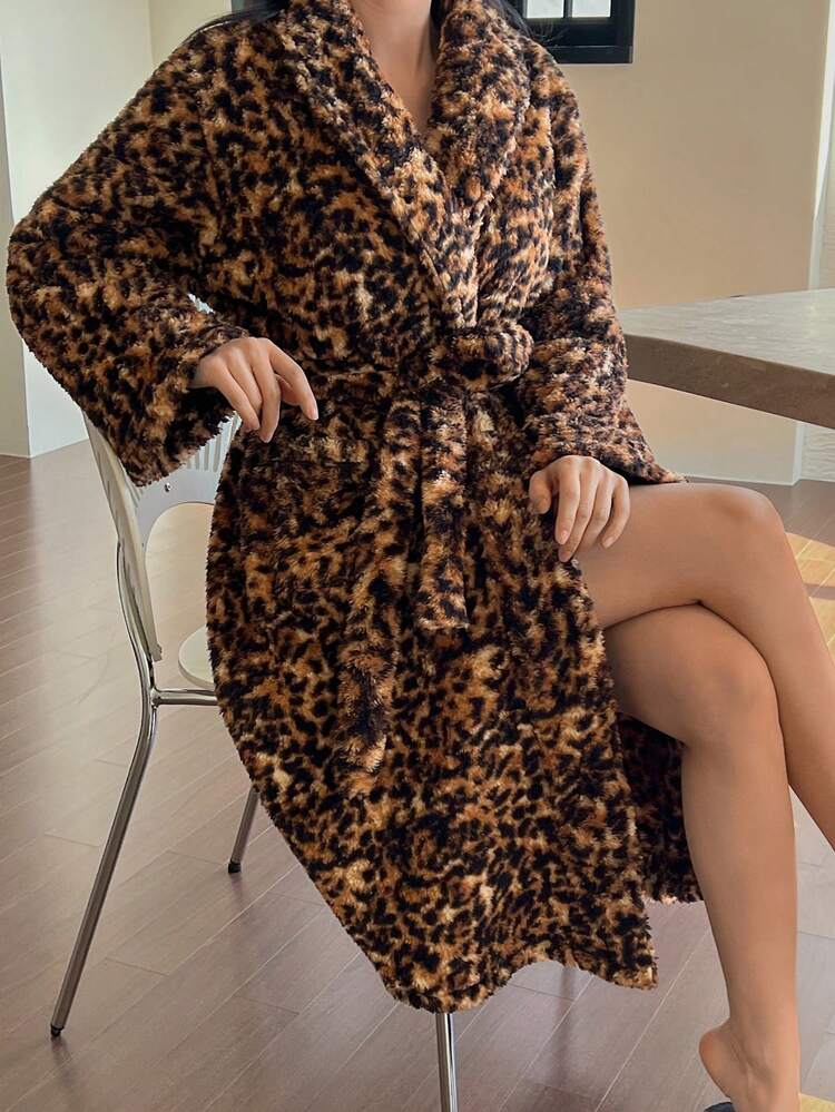 Women's Leopard Print Flannel Robe, Mid-Length With Lapel, Winter
