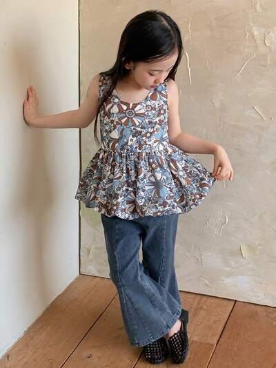 2pcs/Set Young Girls Round Neck Allover Print Sleeveless Top And Flare Denim Pants Outfit, Fall Summer