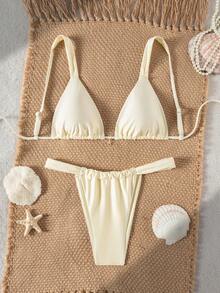 SHEIN Swim 两件套泳衣，纯色加粗肩带海星装饰三角文胸和丁字裤，性感女士夏季度假泳装 - 杏色 - 查看 3