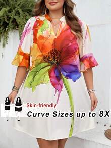 SHEIN CURVE+ Curve 尺码 US22 音乐节、海滨度假、波西米亚水彩印花优雅女士短裙，适合夏季女性穿着，夏季尺码 8XL 女装 - 彩色 - 查看 9