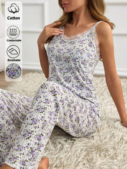 SHEIN Women Cotton 2Pcs Contrast Colour Lace Detail V Neck Colourful Floral Pattern Sleep Top& Long Sleep Pants Homewear Comfort Casual Lounge Pajama Set