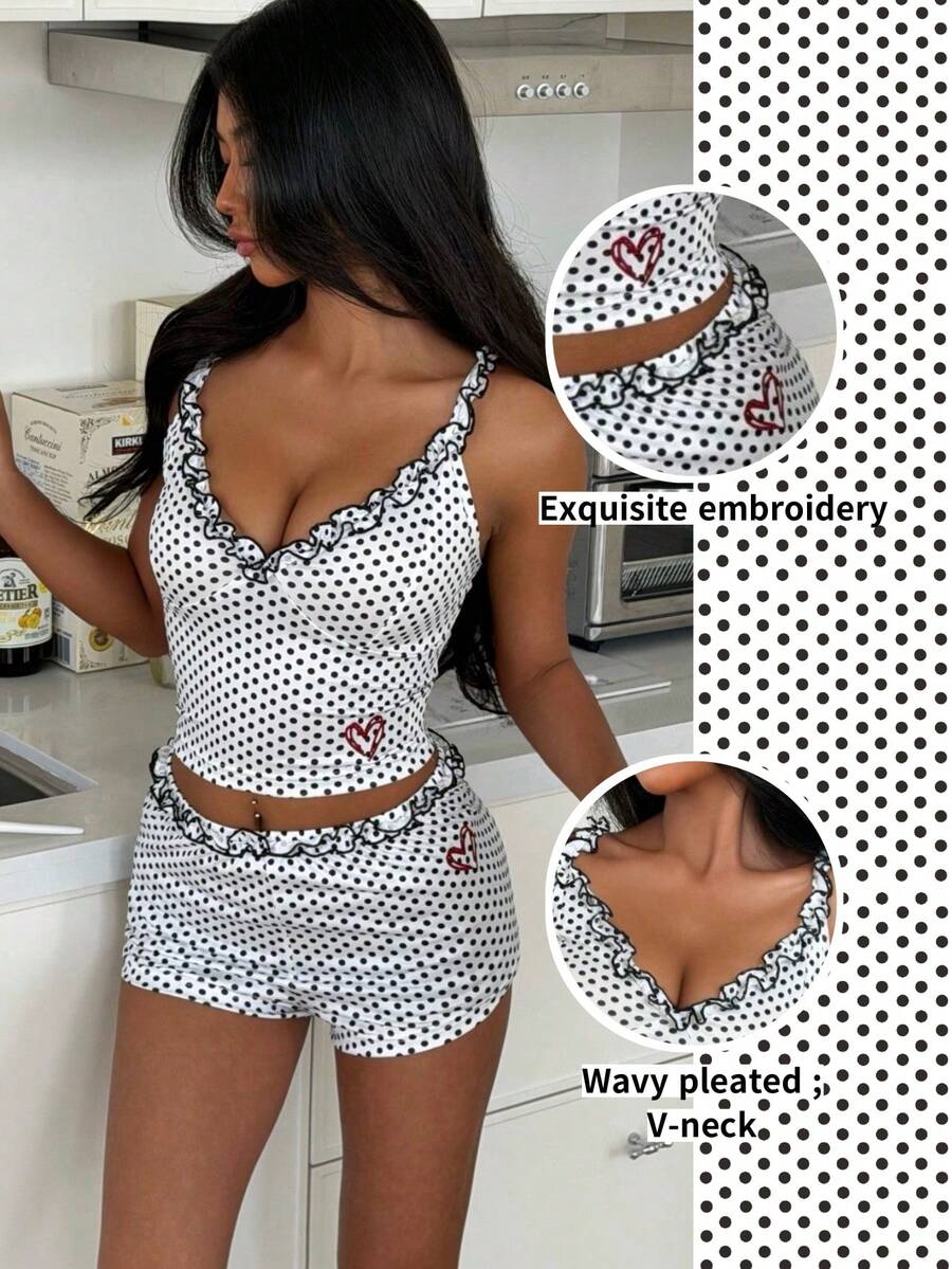 SHEIN 女士波点爱心刺绣吊带背心和荷叶边短裤睡衣套装 - 白色 - 查看 1
