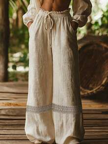 Quần dài ống rộng màu trơn, cạp chun, phối ren, chất liệu cotton pha. - Màu Khaki - Xem 5