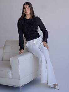 Andrea Bello Blusa a maniche lunghe con collo rotondo plissettato, tinta unita, da donna - nero - Visualizzare 3