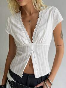 TRNVIE Áo sơ mi nữ màu trắng bằng cotton, chất liệu có họa tiết, cổ áo ren, cài cúc, tay ngắn, xếp ly, ôm dáng, thích hợp cho các hoạt động thường ngày, đi làm, hoặc đi nghỉ mát mùa hè theo phong cách boho. - trắng - Xem 4