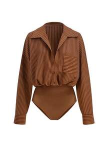 Franclia Women's Casual Striped Print Loose Fit Drop Shoulder Long Sleeve Bodysuit, Suitable For Work, Commute, And Vacation, Spring/Autumn - Brown - View 3