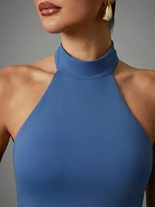 Hauture Atasan Tank Top Wanita Polos Model Crop Pas Badan Kasual dengan Leher Halter - Biru - View 2