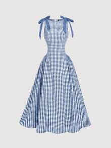 SHEIN MOD Đầm không tay cổ tròn kẻ caro đỏ với nơ trang trí và chân váy xòe, thích hợp cho dịp Giáng sinh và Năm mới. - Màu xanh nhạt - Xem 5