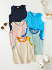 SHEIN 5pcs/Set Baby Boy Summer Cute Casual Versatile Knit Colorful Striped&Solid Sleeveless Tops Vest 6pcs All-Match Multipack Easter Gift Sthings For - Multicolor - View 4