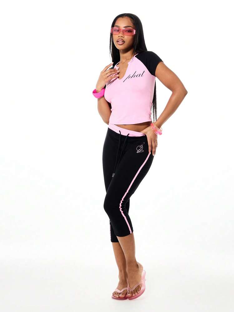 BABYPHAT Baby Tee Script Print Raglan Short Sleeve V Neck Crop Top Summer Casual Fashion Tee Shirt