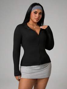 SHEIN Sports 女士加大码纯色长袖拉链修身运动夹克 - 黑色 - 查看 4