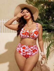 SHEIN Swim 2026新款加大码女式可调节印花比基尼套装，抹胸上衣和高腰褶皱泳裤两件式泳装 - 彩色 - 查看 4