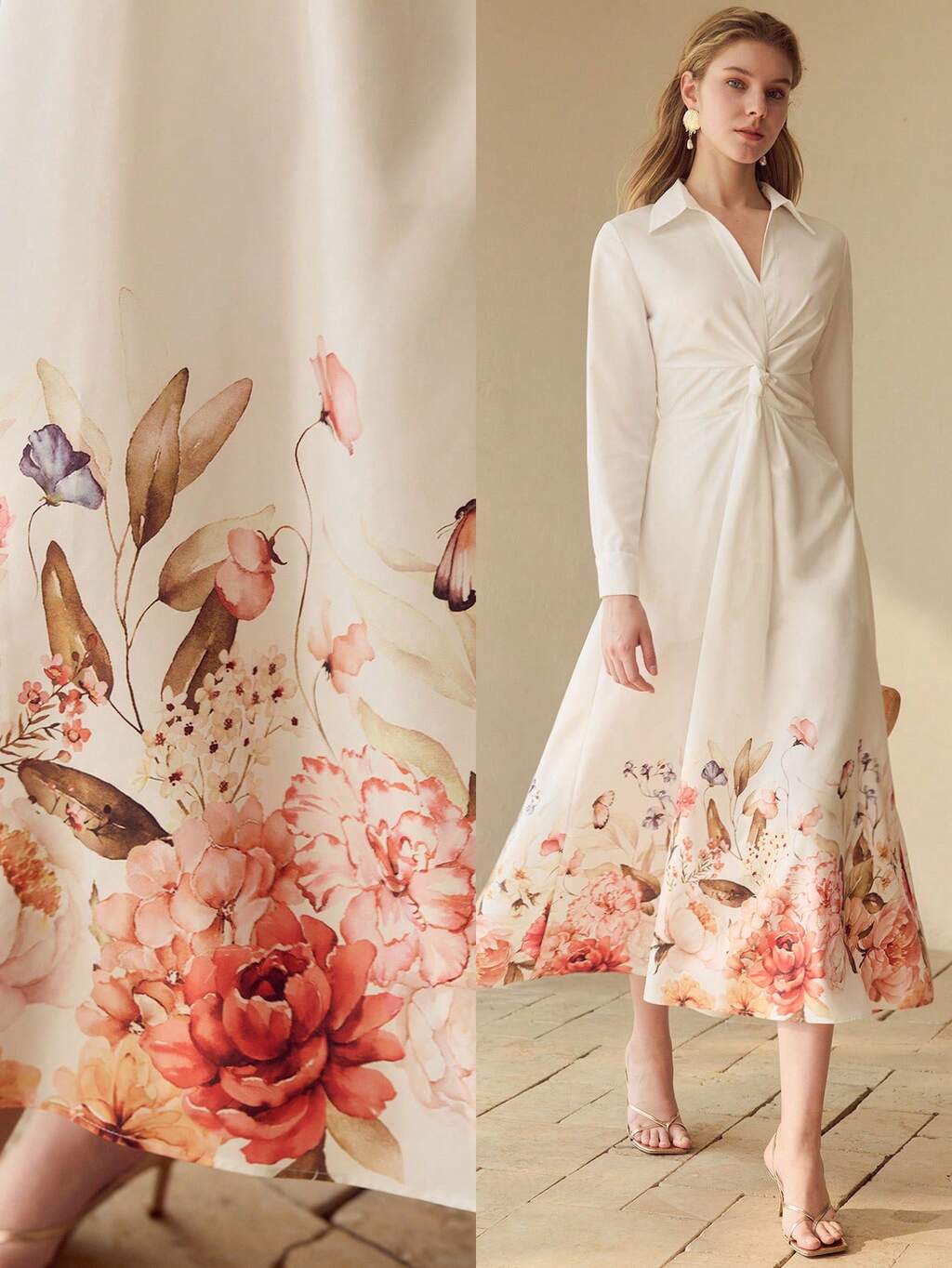 WOMEN'S ELEGANT TWIST FLORAL PRINT SHIRT DRESS