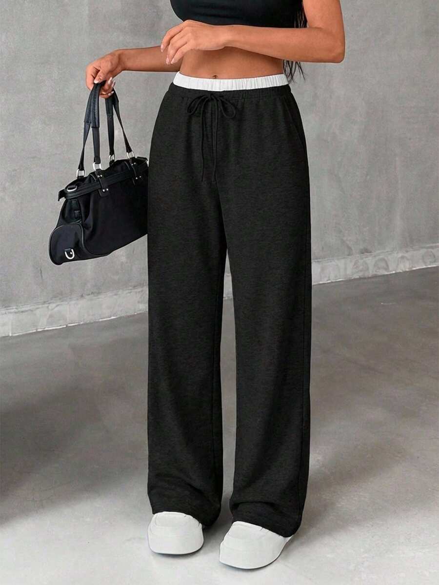 SHEIN Cottnline Contrast Color Waist Tie Casual Loose Cotton Sweatpants Everyday Formal Black And White Summer - Black - View 1
