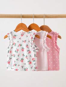 SHEIN 3 Packs Baby Girl Casual Y2K Style Floral Rose Polka Dot Striped Pattern Ruffle Trim Sleeveless Tank Top Soft Thin Tops For Summer Vacation Beach Party Spring - Multicolor - View 2