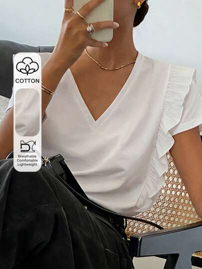 Livesso חולצת טי קיץ רופפת עם קפלים וצווארון V לנשים