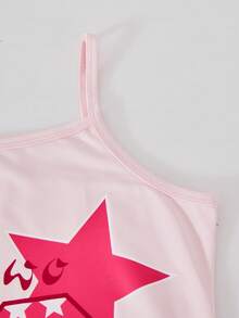 SHEIN Tween Girl 2-Piece Set, Hot Pink High-Stretch Knit Jumpsuit&Numeric Print Jacket, Summer Cow Boy Vacation Casual Sports Wear, Spring/Summer Outfit - Hot Pink - View 5