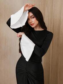 Graceveil Conjunto de 2 piezas de top ajustado con mangas con volantes y falda plisada de cola de pez, para primavera/otoño - Negro - Ver 2