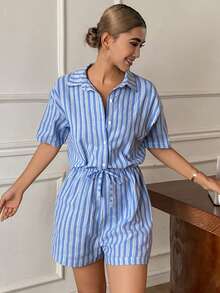 DAZY Beach Resort Style Striped Short Jumpsuit For Women - Blue - View 4