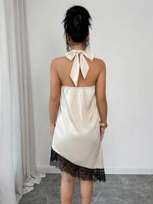 Elenzga Women's Elegant Summer Satin Criss-Cross Backless Mini Dress, Lace Trim, Suitable For Evenings, Cocktail Parties, Formal Occasions, Sleeveless Dress For Holidays, Nights Out, Wedding Guests, Spring/Summer/Fall, Shoulder-Baring Style - Apricot - View 2