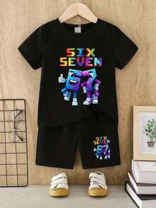 SHEIN Young BoyBasic Short Sleeve T-Shirt + Black Shorts Set - Multi-Color - Black - View 2