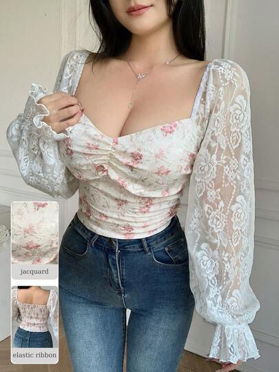 Modelyn Blusa de manga larga con estampado de encaje jacquard y cintura ceñida, romántica para ir al trabajo, primavera/verano