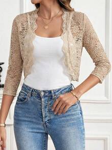 SHEIN Clasi Chaqueta regular elegante de encaje transparente con ribete de concha de unicolor - Albaricoque - Ver 3