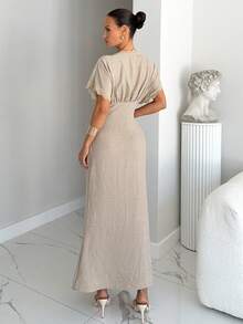 Siren Gaze Spring And Summer Linen French Lace Splice V-Neck Dress|High-Waist Pleated Design, Slimming Fit, Flowing Mid-Length Elegant Vacation Dress - Apricot - View 2