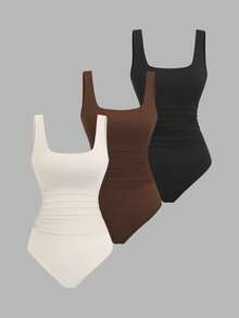 Sweetra 3件套女士纯色褶皱休闲连体衣，日常百搭 - 彩色 - 查看 1