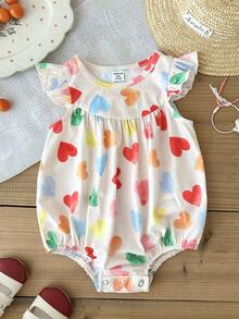 SHEIN LMoss Kids 女婴爱心图案针织荷叶边领休闲连体衣 - 彩色 - 查看 5