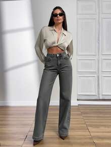 EURMUSE HIGH WAIST STRAIGHT JEAN PANT STYLE CASUAL - Grey - View 4