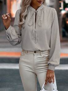 EMERY ROSE Áo sơ mi nữ tay phồng cổ xoắn kẻ sọc dáng rộng, thích hợp cho mùa thu. - Nhiều màu - Xem 3