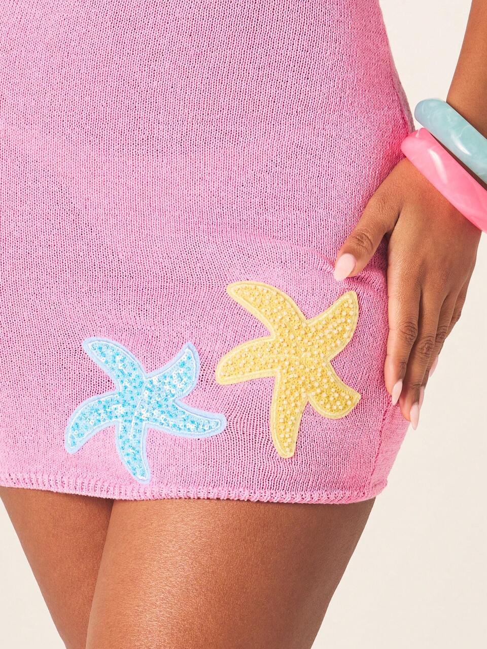 MISSGUIDED Sleeveless Ribbed Knit Mini Dress With Sequin Starfish Applique Summer Beach Casual Bodycon Spaghetti Strap Cami Dress