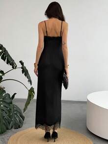 Aloruh Women's Cold Shoulder Spaghetti Strap Black Contrast Lace Asymmetric Hem Dress, Camisole Dress, Party Dress, Elegant Dresses For Party, Sexy Dress, Black Dress, Old Money Style ,Summer Dress - Black - View 4