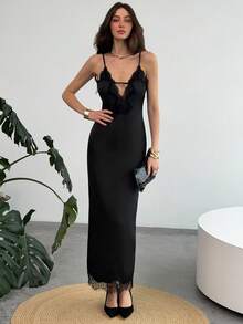 Aloruh Women's Cold Shoulder Spaghetti Strap Black Contrast Lace Asymmetric Hem Dress, Camisole Dress, Party Dress, Elegant Dresses For Party, Sexy Dress, Black Dress, Old Money Style ,Summer Dress - Black - View 6