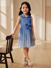 SHEIN A-Line Pleated Ombre Collar Young Girls Dress - Blue - View 5
