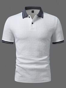 EGENSIO Men's Knitted Jacquard Texture Solid Color Ribbed Collar 2-Button Polo Shirt - White - View 6
