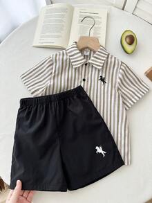 SHEIN 2pcs Young Boys Colorful Striped Polo Collar Short Sleeve Cardigan And Elastic Waist Shorts Set, Summer Clothes For School, Vacation, Spring - Multicolor - View 4