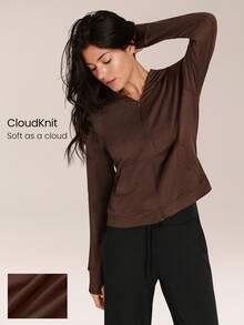 GLOWMODE CloudKnit City Chill Fitted Side Pockets Elastic Cuffs Zip-Front Hoodie Jacket Daily Casual Street Wear - Brown - View 1