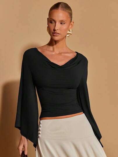 COSMINA Women's Solid Color Minimalist Long Sleeve T-Shirt, Casual Everyday Wear