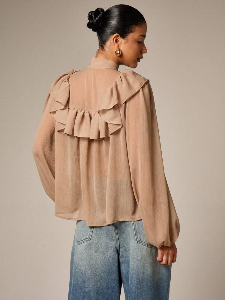 High Neck Blouse With Ruffle Detail