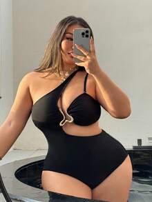 Swim SXY 大码女士纯色露背吊带连体泳衣，带可拆卸肩带 - 黑色 - 查看 1