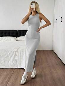 SHEIN EZwear 女士灰色针织露背无袖修身连衣裙，长款修身连衣裙，无袖长裙，舒适长裙，灰色长裙，露背镂空连衣裙，露背长裙，无袖吊带裙，女装连衣裙，女士夏季连衣裙，修身长裙 - 灰色 - 查看 5