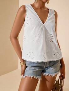 Vesra Camiseta sin mangas de verano con cuello en V blanca para mujer - Blanco - Ver 1