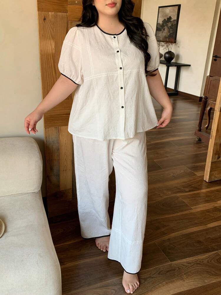 Dazy Plus 2pcs Plus Size Black & White Contrast Color Round Neck Short Sleeve Button Top And Comfortable Loose Pants Pajama Set