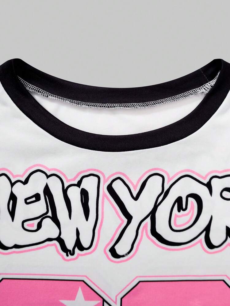 Sparklyn Preppy American Style Set! Cropped Printed T-Shirt + Pleated Skirt, Pink And Black Color Blocking Creates A Sweet And Cool Vibe, Midriff-Baring Design Flatters The Proportions, Suitable For Casual Wear Or Dates, Non-Sweating Fabric, One Set Completes A Stylish Look! - Multicolor - View 4